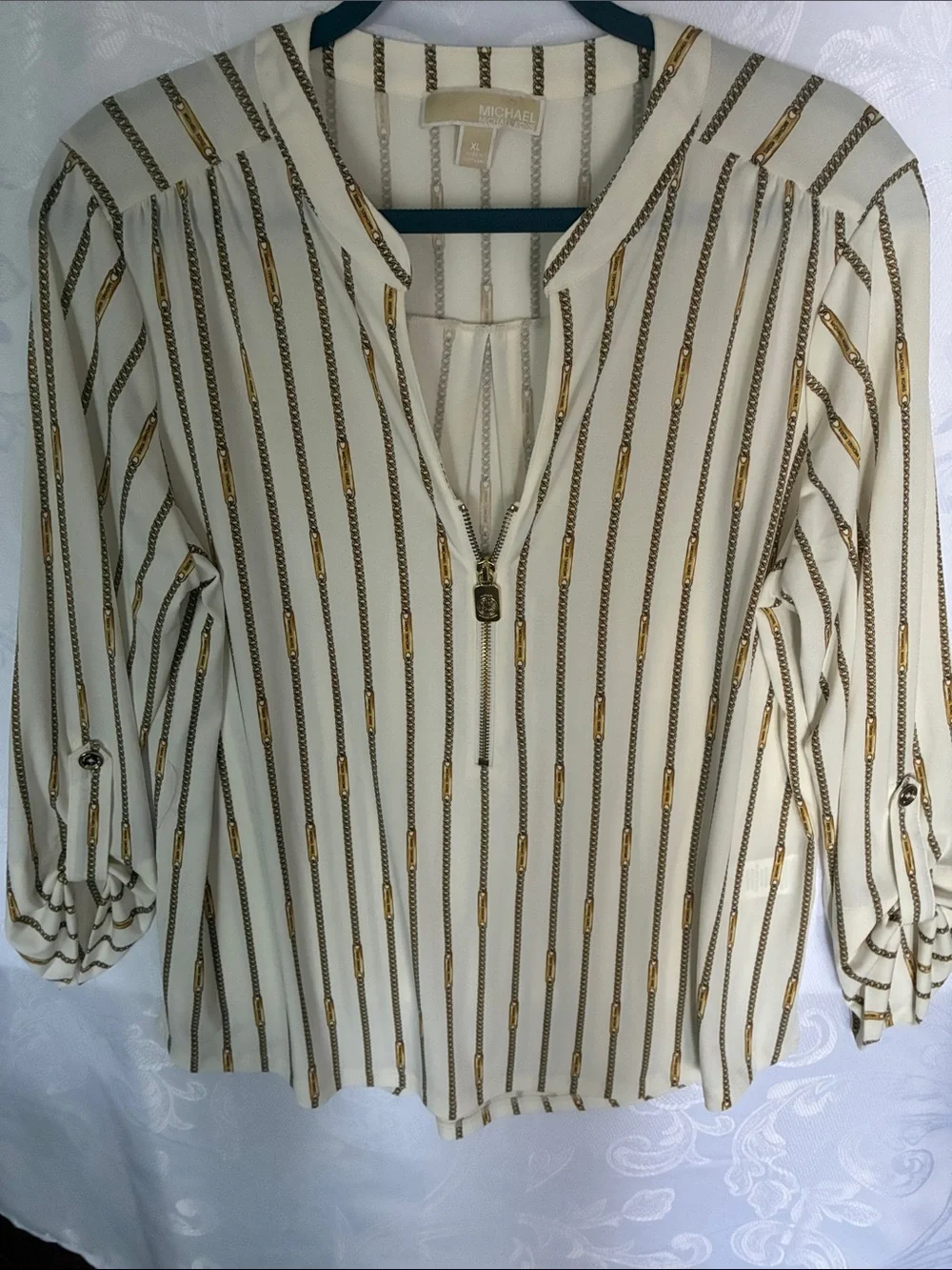 Michael Kors Cream Blouse with Gold and Black Chain-Stripe Zip